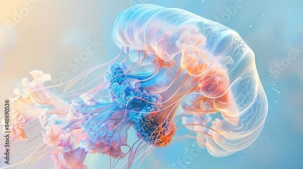 Fototapeta Studio Shot of a Jellyfish: Pastel Silver-Blue Luxurious Pattern, Iridescent, Metallic and Chrome Elements, Glitter Elements, Whimsical and Dreamlike Fractal Design, Underwater World