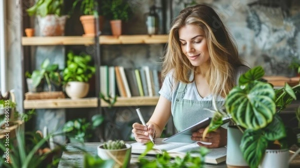Fototapeta A woman is writing in a notebook while sitting at a table with potted plants. The scene suggests a peaceful and relaxing atmosphere, possibly in a home or office setting