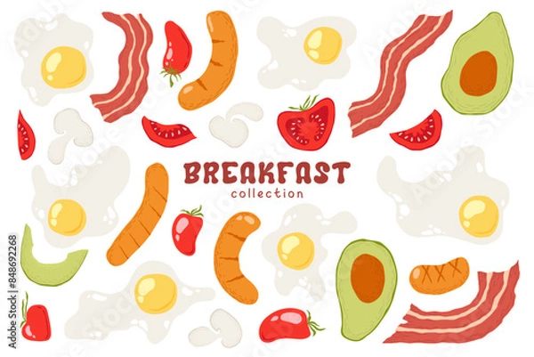 Fototapeta Vector illustration with hand drawn abstract fried eggs, bacon, sausages, tomatoes, avocados isolated on white background. Food illustration clipart for decor print, card, menu