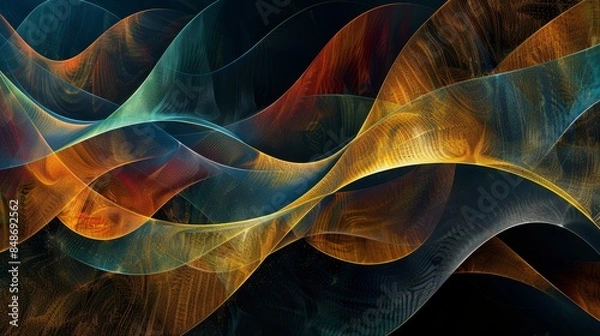 Obraz Elegant dark abstract with gold and black tones, geometric wave patterns, blue gradients, and hints of orange, green, red, blue