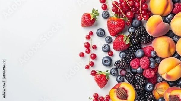 Fototapeta Fruits and berries isolated on white background. Ripe currants, strawberries, blackberries, blueberries, raspberries, peaches and plums. Fruits at border of image with copy space for text. Top view