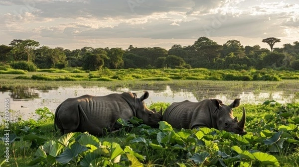 Fototapeta Rhinoceroses resting in a lush field by a swamp, surrounded by vibrant flora and a serene water backdrop, midday sun overhead