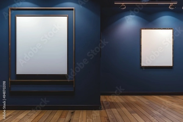Fototapeta A modern art gallery with two empty, blank picture frames on a dark blue wall, wooden floor, and soft overhead lighting. The larger frame is slightly to the left and smaller one to the right.