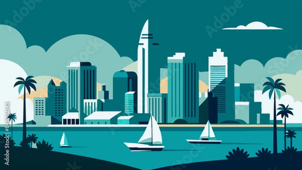 Fototapeta Vibrant cityscape drawing featuring skyscrapers, lights, and a lively urban setting. tall buildings, bright lights, and a bustling urban atmosphere.