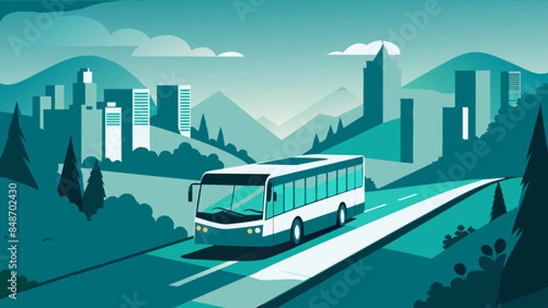 Fototapeta A bus driving down a road in front of a city, showcasing urban transportation and cityscape. A city bus driving on a road amidst the urban landscape.