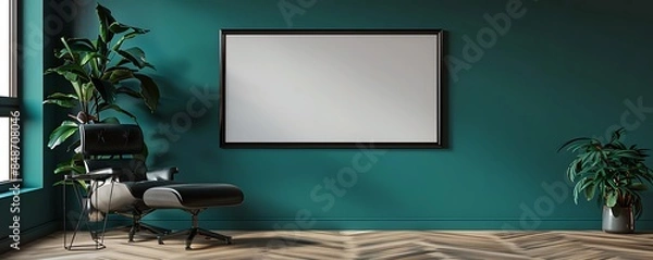 Fototapeta A modern study with a dark teal wall, displaying a single medium-sized empty black frame.