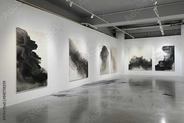Fototapeta A panoramic shot of an art gallery displaying a series of monumental ink wash paintings, each piece exploring the fluidity and depth of black ink. 