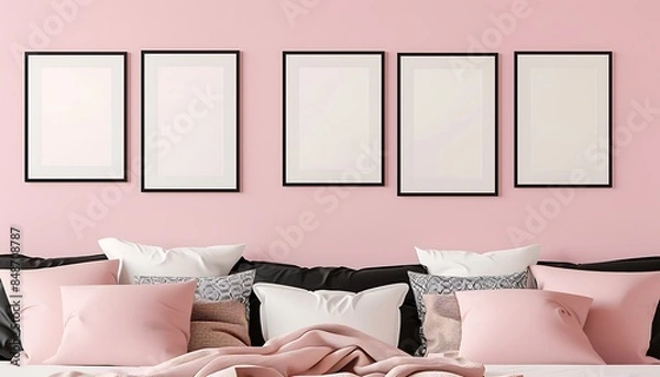 Fototapeta A pastel pink bedroom wall with five black frames in a horizontal line. Each frame is of the same size, creating a harmonious and balanced look.
