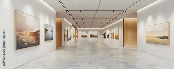 Fototapeta A refined art gallery with minimalist white walls and wooden accents, featuring a diverse collection of paintings that add warmth and character to the modern environment.