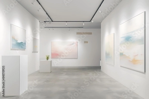 Fototapeta A refined art gallery with minimalist white walls and soft natural light, displaying a selection of abstract paintings that evoke a sense of calm and introspection.