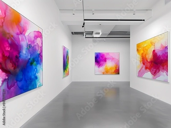 Fototapeta A refined art gallery with white walls and a minimalist design, displaying a series of large-scale paintings that captivate with their vibrant colors and intricate details.