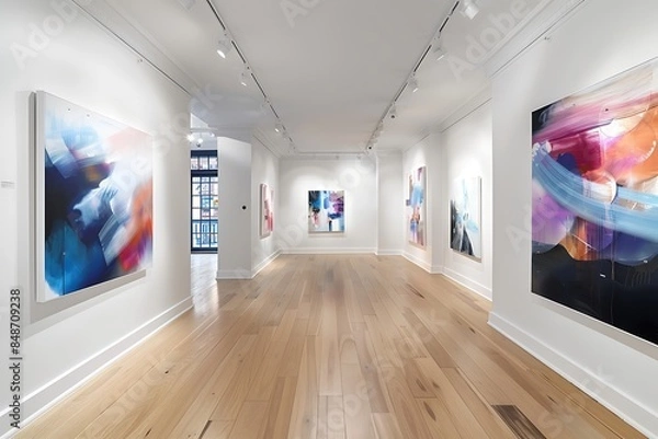 Fototapeta A refined art gallery with white walls and hardwood floors, displaying a series of abstract paintings in a clean and organized layout, enhancing their visual impact.