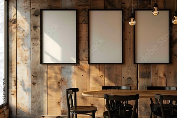 Fototapeta A rustic dining room with a cedar wood wall, featuring three small empty black frames in a vertical stack.