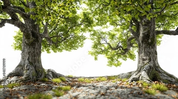 Fototapeta group of trees with green leaves on the ground