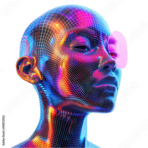 Obraz Futuristic Cyber Face, Neon colors and grid pattern, Digital Age on a transparent background. Generative AI