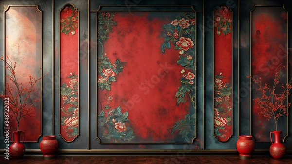 Fototapeta 赤色の中華柄背景フレーム