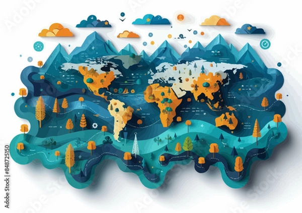 Fototapeta Business Success Pathway with World Map Illustration: Strategic Goals and Planning for Achieving Global Success in a Minimalistic Style, Depicting Route to Achieve Business Objectives