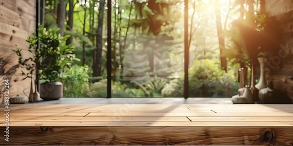 Obraz mockup photo of room window facing the forest, villa atmosphere, cottage, elegant natural atmosphere, for spa and beauty products