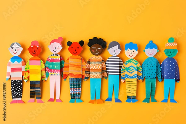 Obraz Colorful Paper Dolls Representing Diversity on Yellow Background