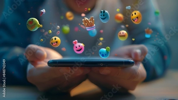 Fototapeta Person holding smartphone with colorful emojis emanating from screen in vibrant animated display