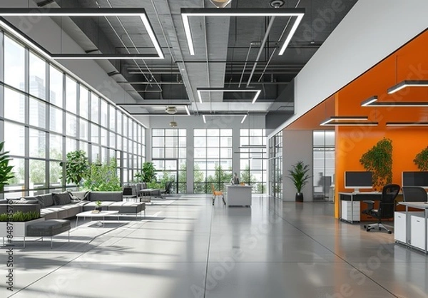 Fototapeta Modern office interior with sleek desks and ergonomic chairs, accented in white and black. Large windows provide natural light, and warm orange tones from ambient lighting create an inviting atmospher