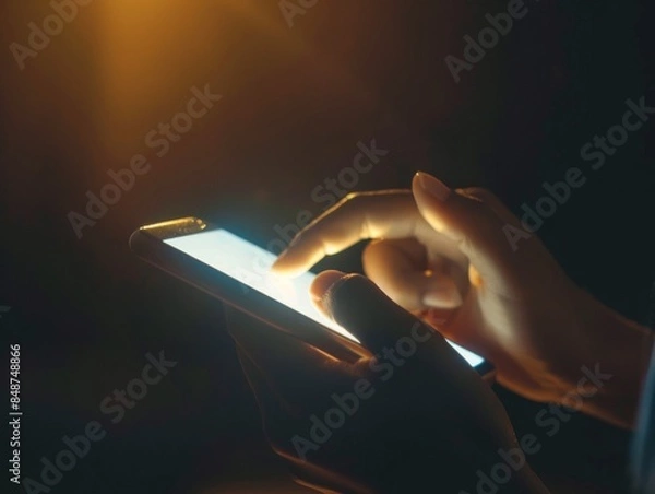 Obraz Close-up of hands holding and using a smartphone in a dark environment, illuminated by the phone's screen. The warm glow highlights the fingers interacting with the device.