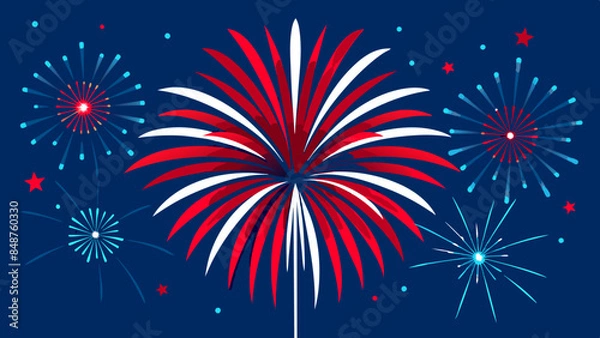 Fototapeta Bright fireworks burst in the night sky. Explosive fireworks against a backdrop. Colorful fireworks burst in the sky against a deep background.