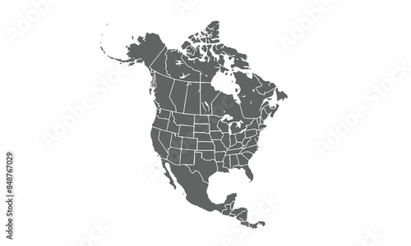 Fototapeta Map north and central america isolated on white background. for website layouts, background, education, precise, customizable, Travel worldwide, map silhouette backdrop, earth geography, political.