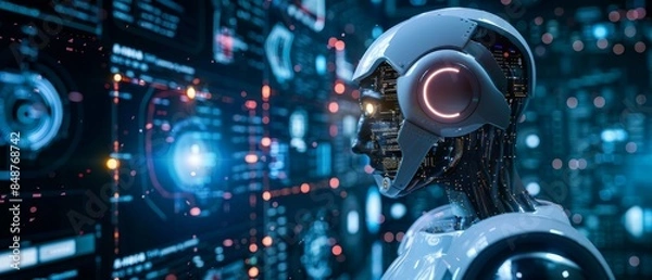 Fototapeta Futuristic AI robot analyzing data on digital screens, representing advanced technology and artificial intelligence in a cyber environment.