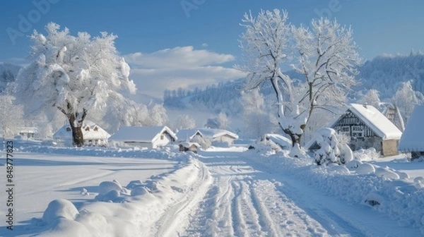 Fototapeta Peaceful Winter Wonderland: Snowy Field with Frosty Trees, Blue Sky, and Fresh Snow, Tranquil Snowy Wilderness: Crisp Winter Scenes, Fresh Snowfall, & Clear Skies in Nature's Beauty