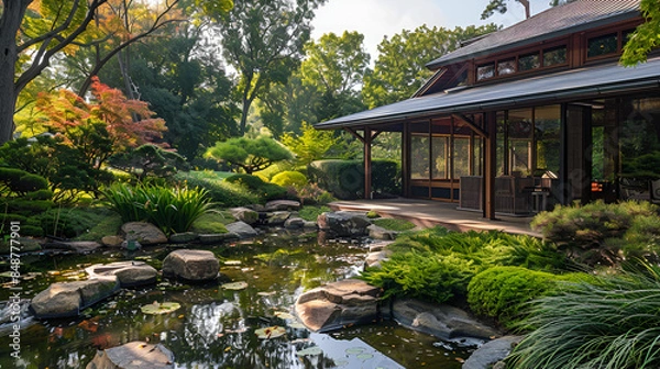 Fototapeta Tranquil Japanese garden Peaceful Japanese living space with architectural wood details and a serene garden visible through large  glass doors ai generative