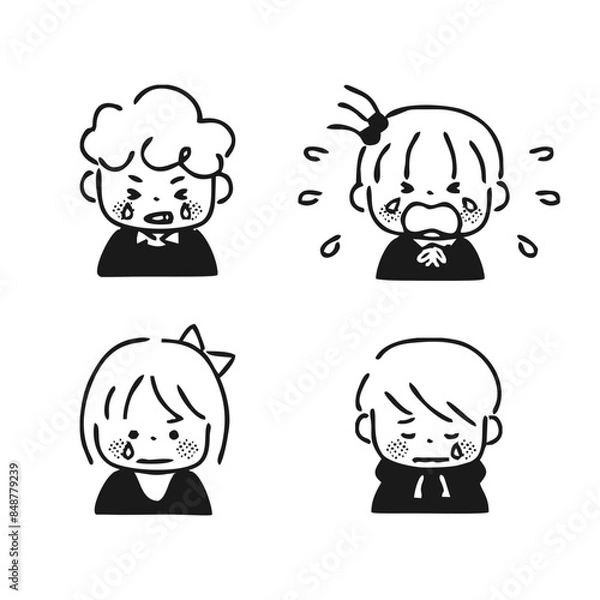 Obraz 泣いている子供たちのイラスト　モノクロ