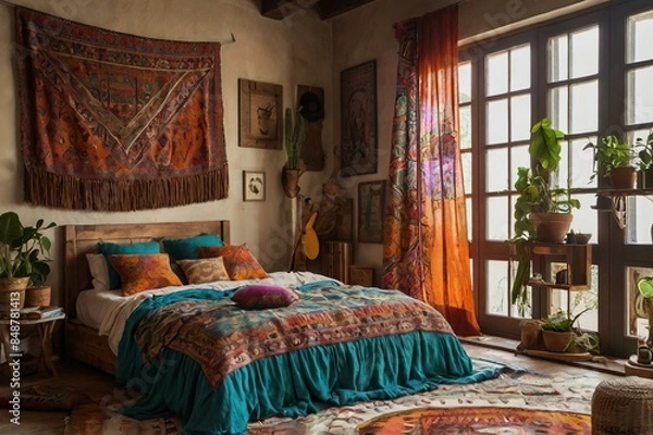 Fototapeta A cozy bedroom with a bohemian style decor. The room features a large bed with colorful pillows and blankets, a wooden bench with cushions by the window, indoor plants, and vibrant patterned curtains.