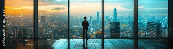 Fototapeta Businessman Contemplating Future Business Plans with Cityscape View from Office Window