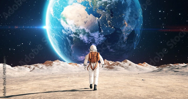 Fototapeta Astronaut On An Alien Planet Walking To His Base Camp. Earth Is Visible. Space Related Majestic Scene.