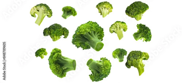 Fototapeta Green broccoli levitating on a white background