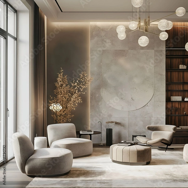 Fototapeta Modern luxury minimalist interior design. Aesthetic modern elegant living room design. Copy space mock up. Clean walls for decoration in the apartment. Neutral palette of natural colors.
