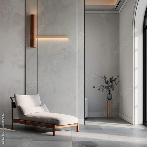 Fototapeta Modern luxury minimalist interior design. Aesthetic modern elegant living room design. Copy space mock up. Clean walls for decoration in the apartment. Neutral palette of natural colors.