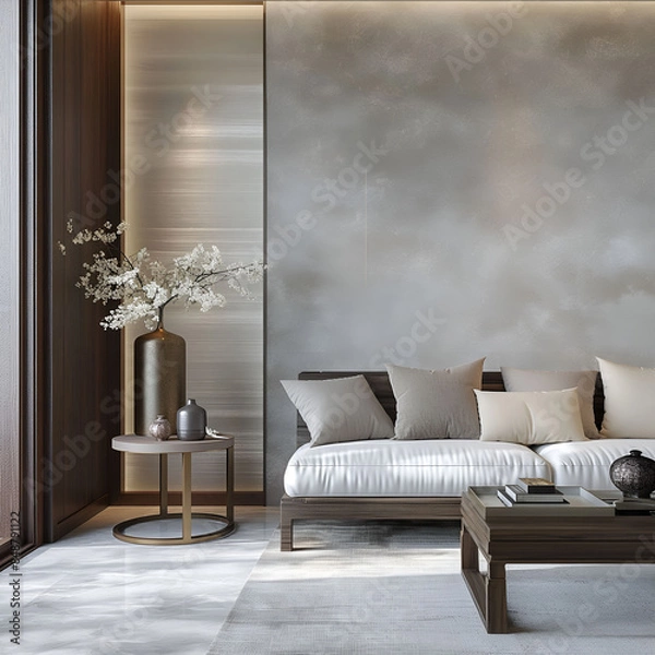 Fototapeta Modern luxury minimalist interior design. Aesthetic modern elegant living room design. Copy space mock up. Clean walls for decoration in the apartment. Neutral palette of natural colors.