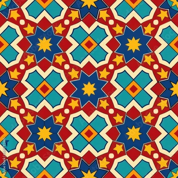 Fototapeta Seamless pattern of repeating geometric patterns inspired by traditional Moroccan tile designs, with intricate patterns and rich colors, Generative AI