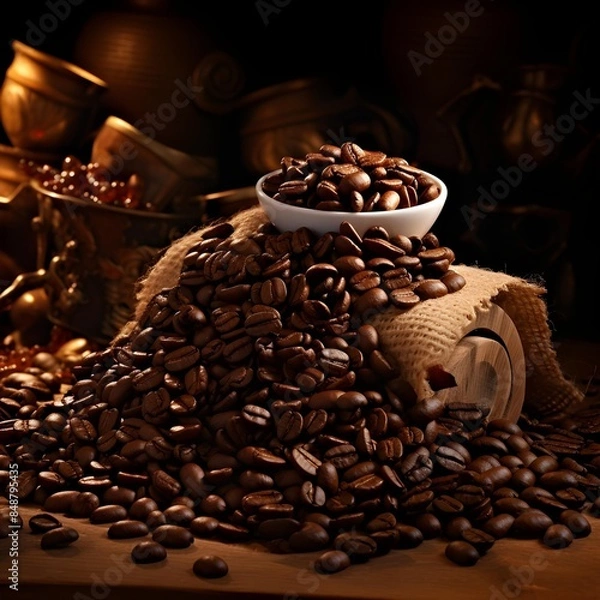 Obraz Rich, Aromatic Coffee Beans Spilling from a Wooden Bowl, Close-up of Dark Roasted Coffee Beans in a Rustic Wooden Bowl, Coffee Beans Overflowing from a Wooden Bowl on a Dark Background, generative ai