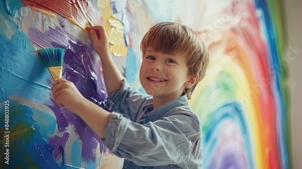 Fototapeta portrait of a happy Caucasian school-age boy paints a bright rainbow with paints and a brush on the wall. fun children's art on the walls