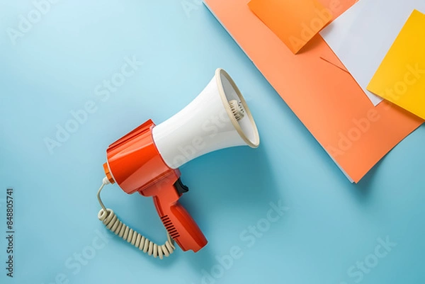 Obraz Red Megaphone with Colorful Papers on Blue Background