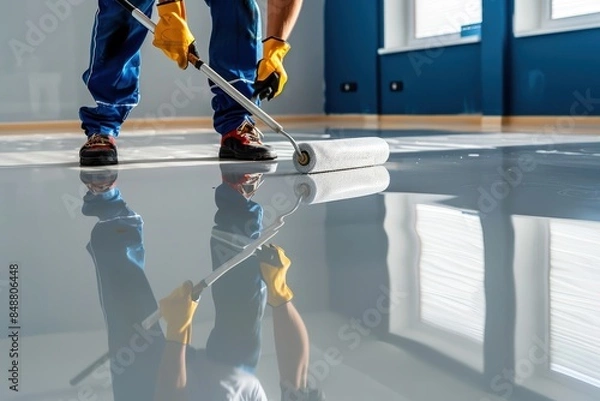Fototapeta Smooth Coating, Worker applying glossy epoxy floor in a room, Professional finish