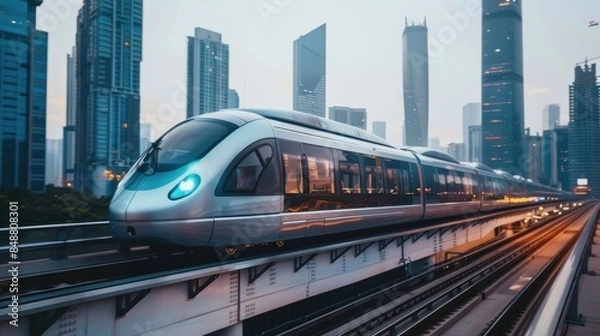 Obraz A futuristic high-speed train zooming along elevated tracks, with city skyscrapers in the background