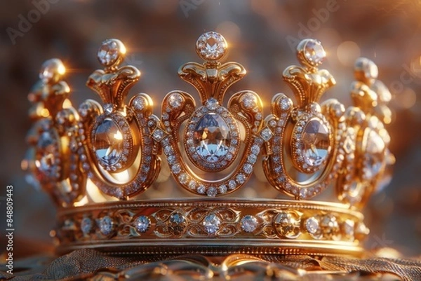 Fototapeta Luxurious, Ornate Golden Crown with Sparkling Diamonds and Intricate Design Detail Against a Soft Blurred Background Illuminated by Warm Lightingcrown