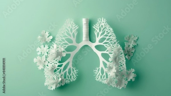 Fototapeta x ray image of lungs,White paper cut art style human lungs shape on light green background. Top view. Respiratory health, pulmonary function, health diagnostic concept