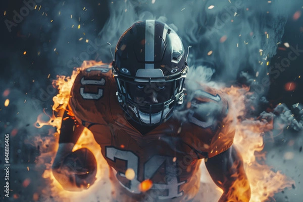 Fototapeta An American football player rushes forward with the ball against the backdrop of explosive flames. American football player on fire. Dynamics.