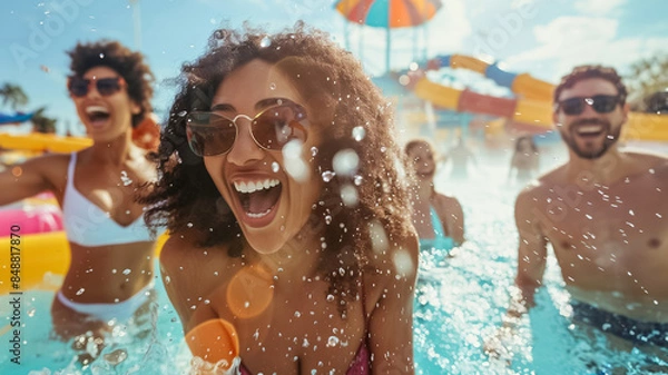 Fototapeta A joyful day at the water park is spent by friends, splashing and sliding under the sunny sky, brimming with laughter and fun, creating unforgettable memories together