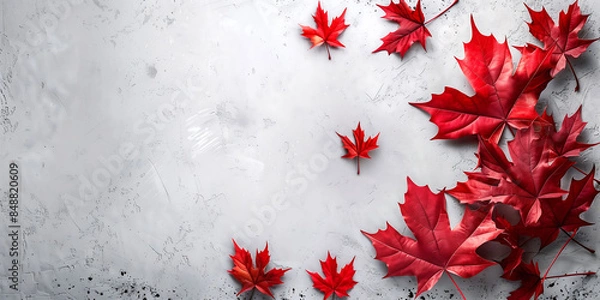 Fototapeta Banner for canada day with place for text, red maple leaves on a white background with copy space